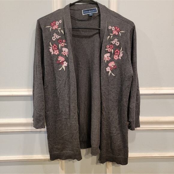 Karen Scott Sweaters - Woman's Karen Scott Flower Grey Cardigan Large Petite
